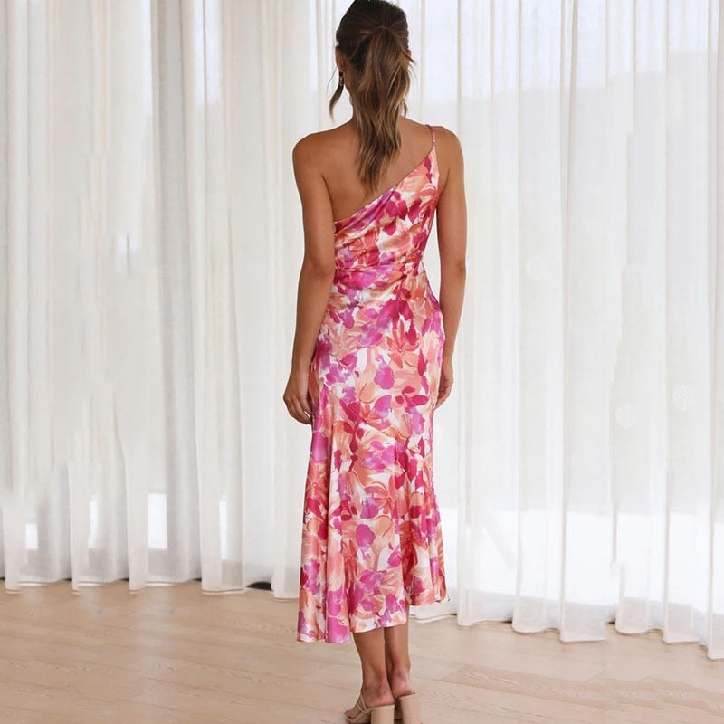 Drune | Rosa Blüten Ein Schulter A-linie Satin Kleid Für Damen