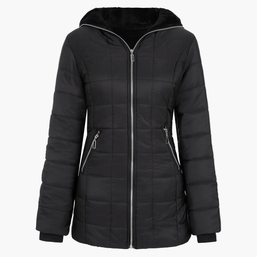 Drune | Winter Steppjacke mit Kapuze und Asymmetrischem Reißverschluss - Modische Outdoorjacke für kalte Tage