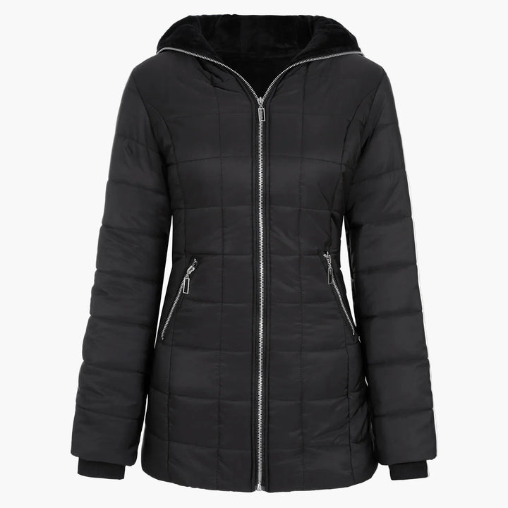 Drune | Winter Steppjacke mit Kapuze und Asymmetrischem Reißverschluss - Modische Outdoorjacke für kalte Tage