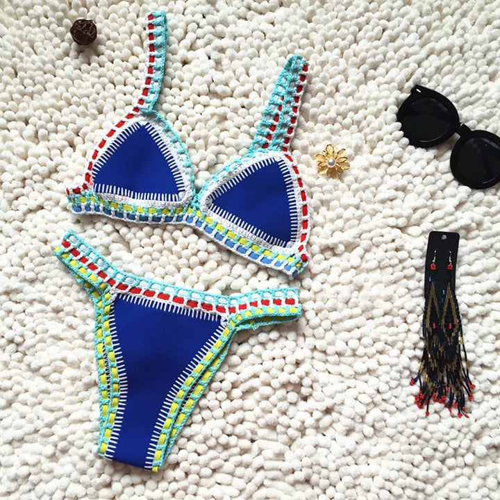 Drune | Gestrickter Bikini 2 Teilig Schwimmanzug für Frauen, Sommerstrandurlaub Badebekleidung, Sexy Dreieckiger Cup V-Ausschnitt Träger-Schwimmbekleidung