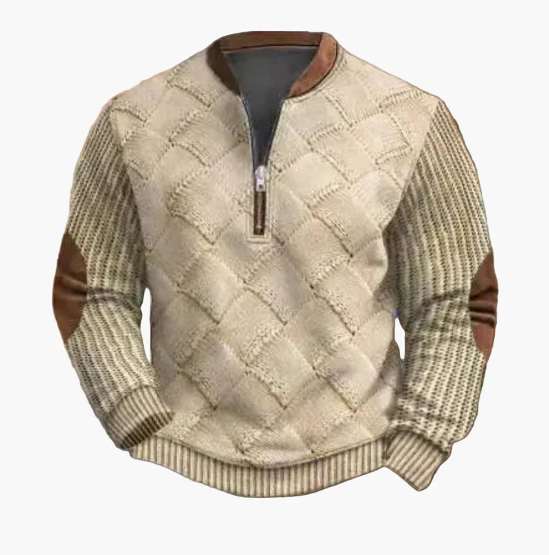 Drune | Halbzipper Pullover - Modischer Strick-Look für Herbst und Winter, Warmes Sweatshirt mit Stehkragen und Ellbogen-Patches, Freizeit & Alltag