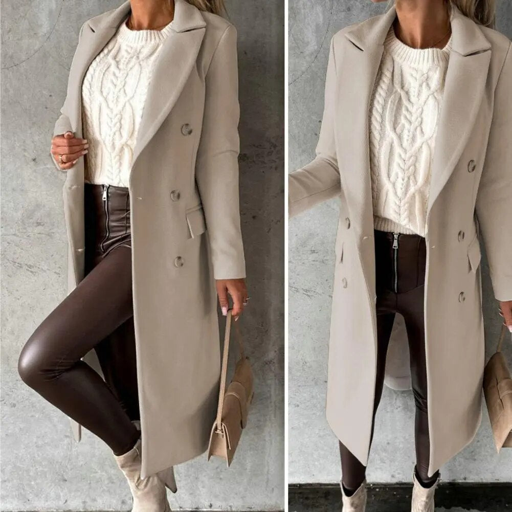 Drune | Damen Lange Jacke - Doppelt Knopf - Taillierte Passform - Mit Revers - Formelle Elegante Kleidung