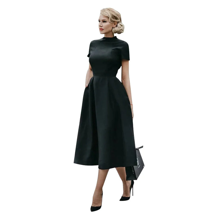 Drune | Frauen Elegantes Schwarzes Kleid Halbhoher Kragen Hohe Taille A-Linie Kleider Schlankes Fit Kleid Büro Damen Female Solid Vestidos