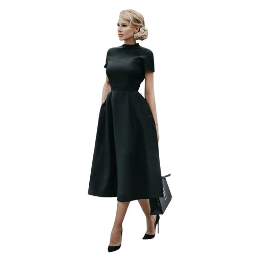 Drune | Frauen Elegantes Schwarzes Kleid Halbhoher Kragen Hohe Taille A-Linie Kleider Schlankes Fit Kleid Büro Damen Female Solid Vestidos