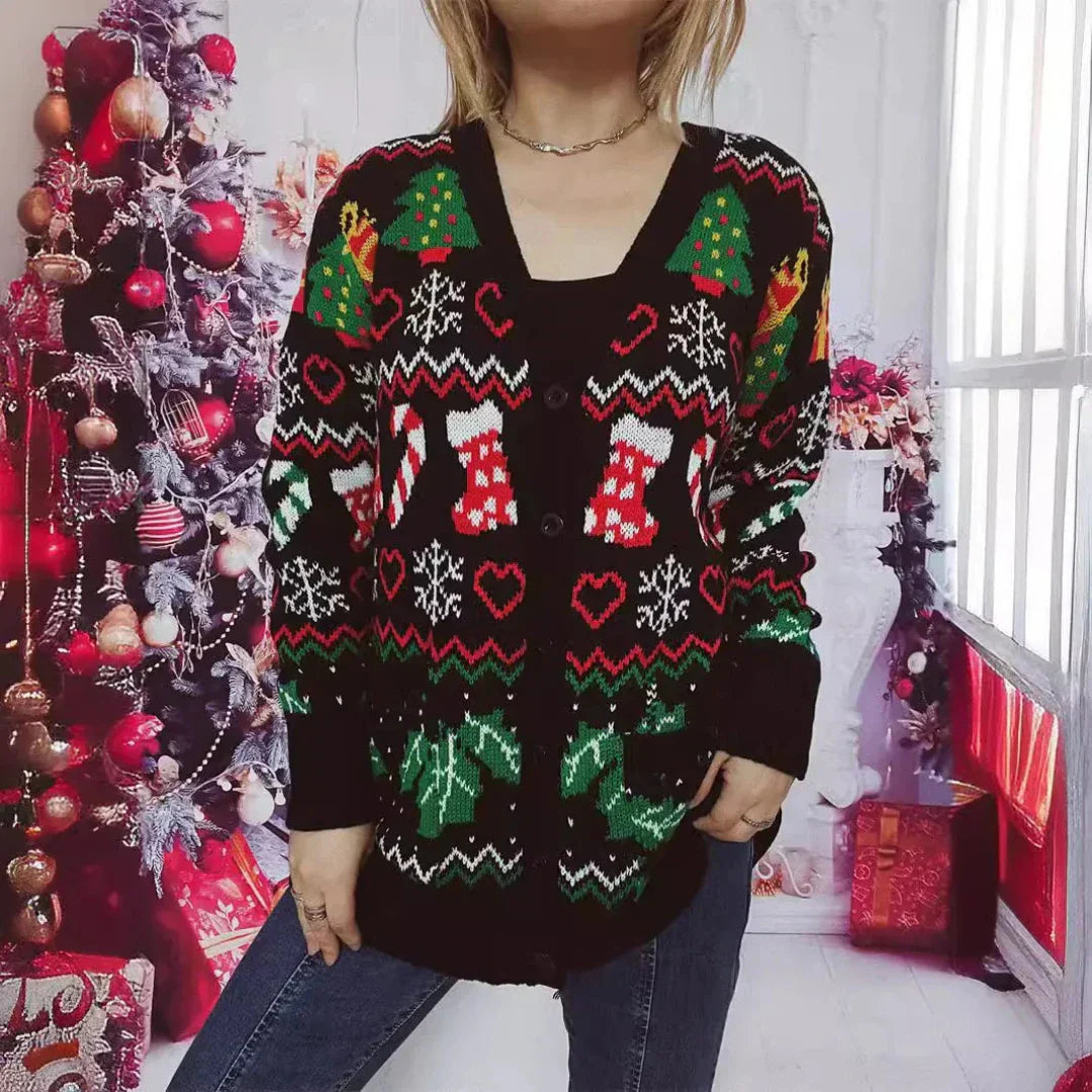 Drune | Strickjacke Strick V-Ausschnitt Knöpfe Festliches Design Mit Weihnachtsmotiven Langarm