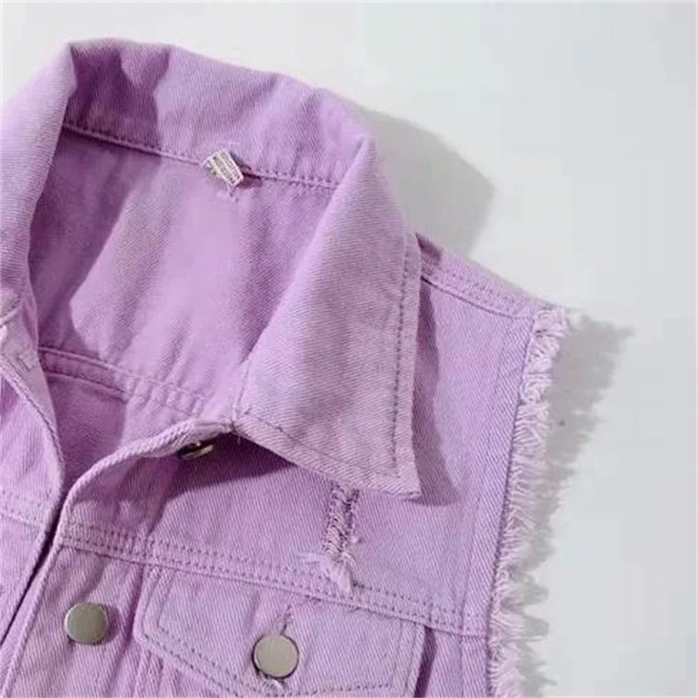 Drune | Denim Weste Ärmellos Ausgefranst Knopfverschluss Klassischer Kragen Lässige Passform