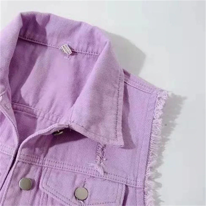 Drune | Denim Weste Ärmellos Ausgefranst Knopfverschluss Klassischer Kragen Lässige Passform