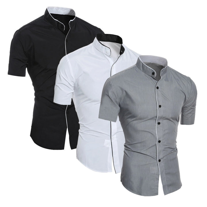 Drune | Slim Fit Stehkragen Kurzarmhemd Business Lässig
