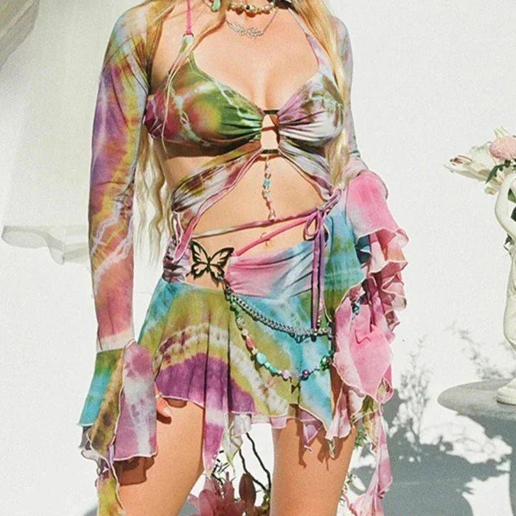 Drune | Mesh Schmetterling Crop Top und Minirock Tie Dye Y2K Satz