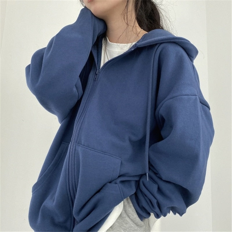 Drune | Zip-up Oversized Solid Pocket Hooded Langarm Lose Baseball Jacke