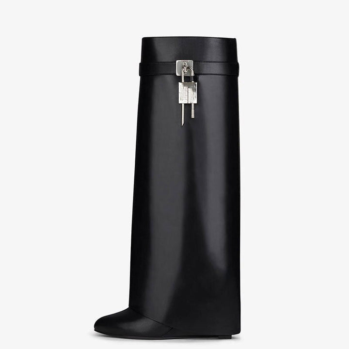 Drune | Damen Kniehoge Stiefel Shark Lock Lange Dicke Sohlen High Heels Stiefel Designer Luxusmarke Damen Lederstiefel