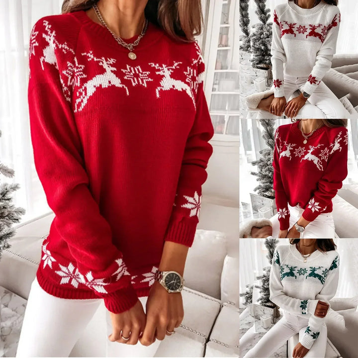 Drune - Hässlicher Weihnachtspulli - Bequemer Strickpulli mit O-Ausschnitt, Rentier- und Schneeflockenmuster