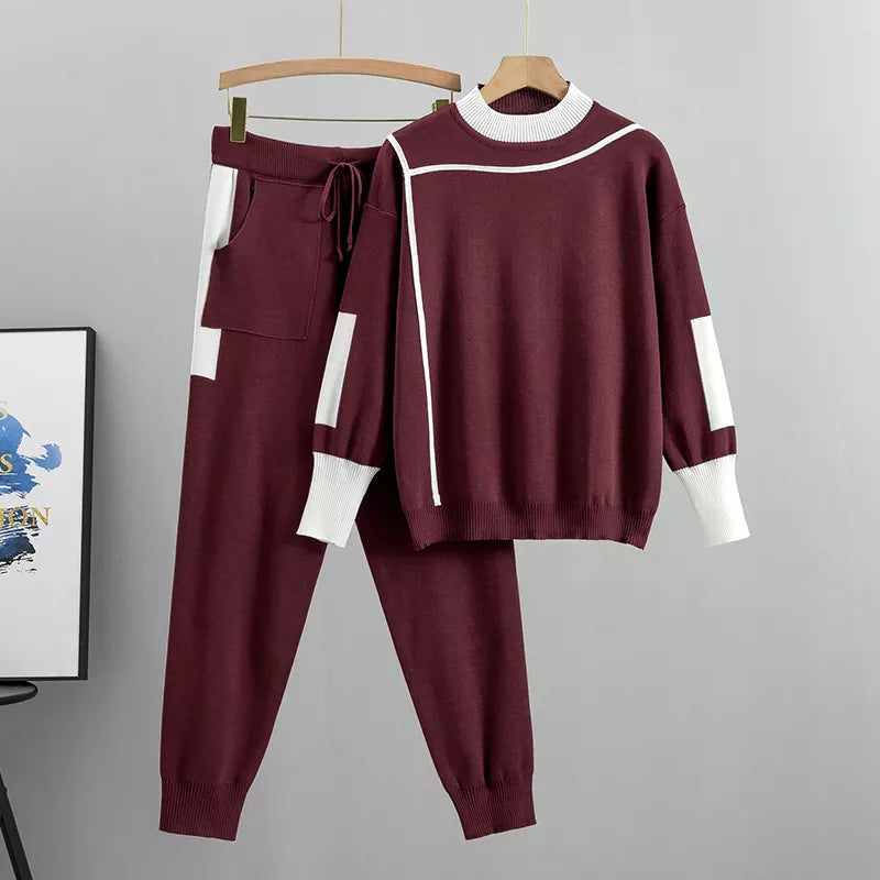 Drune | Lässiges Herbst Strick Patchwork Oberteil und Hose Set für Frauen