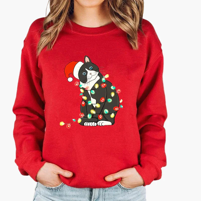 Drune | Weihnachtspullover mit Katze und Lichterkette - Lustiger Winter-Sweater für Katzenliebhaber