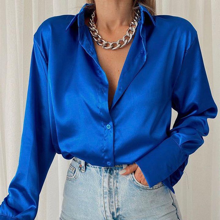 Drune | Satinierte Bluse Mit Polo Kragen Seidenbluse Fürs Büro Weinlese Design Mit Lockerer Knopf Elegante Mode