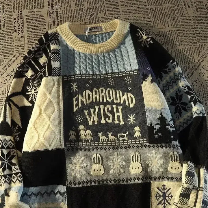 Drune -Hässlicher Weihnachtspulli - Lockerer Retro-Pullover mit V-Ausschnitt und Farbblock-Design