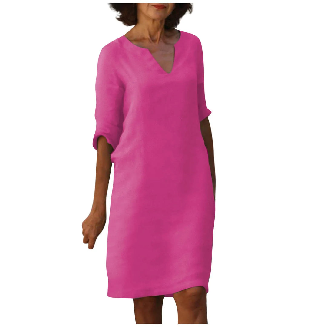 Drune | Damen Baumwoll Leinen V-Ausschnitt Kleid Mit Halben Ärmeln