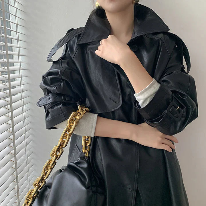 Drune | Elegante lange Lederjacke für Frauen - Ideal für alle Jahreszeiten