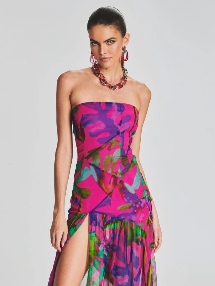 Drune | Neues Sommerdruck Strapless Mesh Patchwork Schlitz Lang Kleid Frauen Sexy Ärmellos Gedruckt Bunt Ferien Maxi Kleid Party