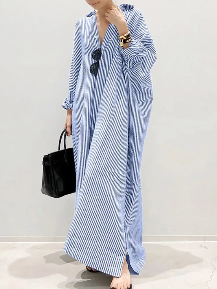 Drune Gestreiftes Kleid | Lässiges oversized Maxi-Kleid mit langen Ärmeln für Damen