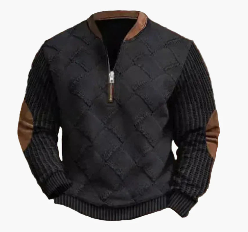 Drune | Halbzipper Pullover - Modischer Strick-Look für Herbst und Winter, Warmes Sweatshirt mit Stehkragen und Ellbogen-Patches, Freizeit & Alltag