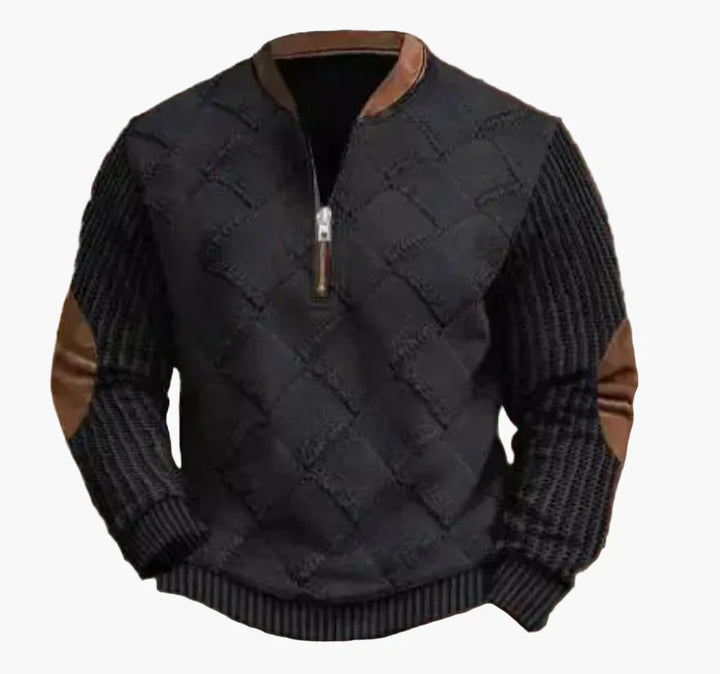 Drune | Halbzipper Pullover - Modischer Strick-Look für Herbst und Winter, Warmes Sweatshirt mit Stehkragen und Ellbogen-Patches, Freizeit & Alltag