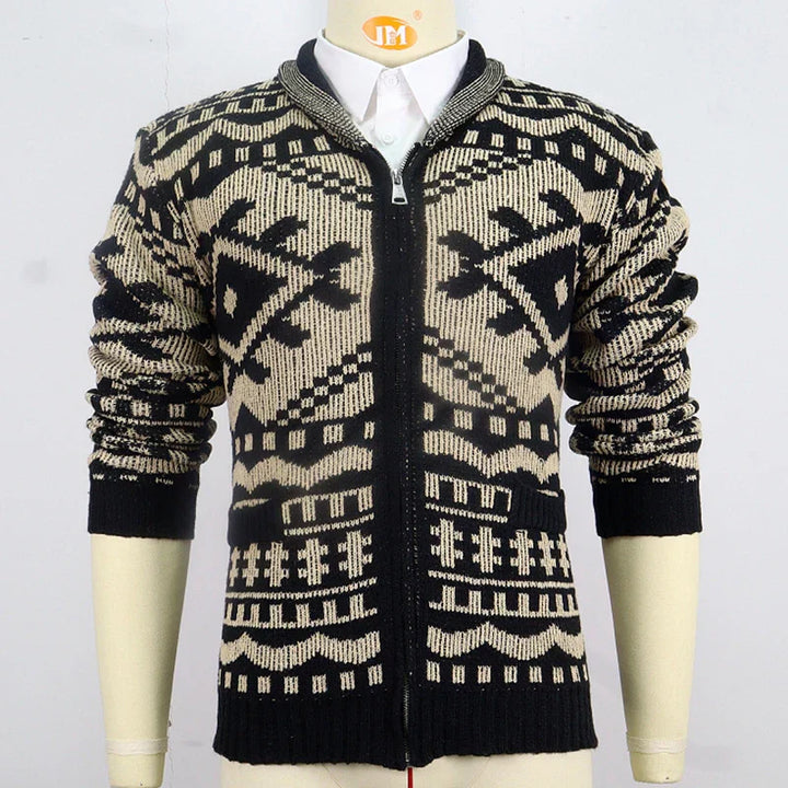 Drune | Strickjacke mit Ethno-Muster - Warmer Cardigan mit Reißverschluss und Retro-Design