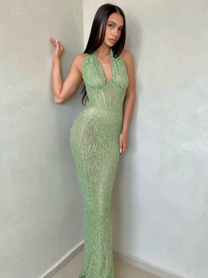 Drune | Tiefer V-Ausschnitt Rückenfreies Maxi-Kleid