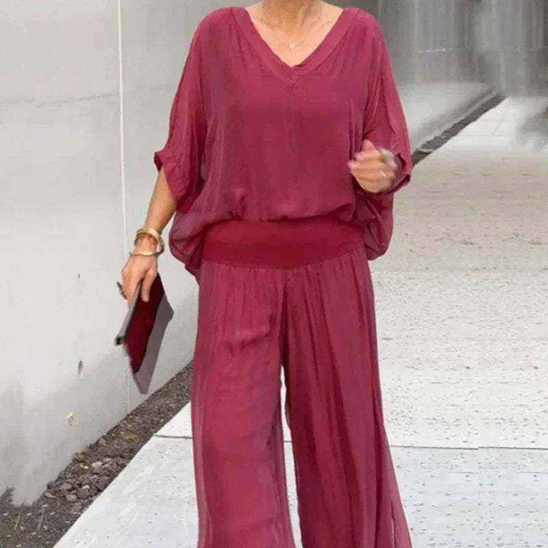Drune | Elegantes Zweiteiliges Set Aus Chiffonoberteil Und Hose Mit Weitem Bein