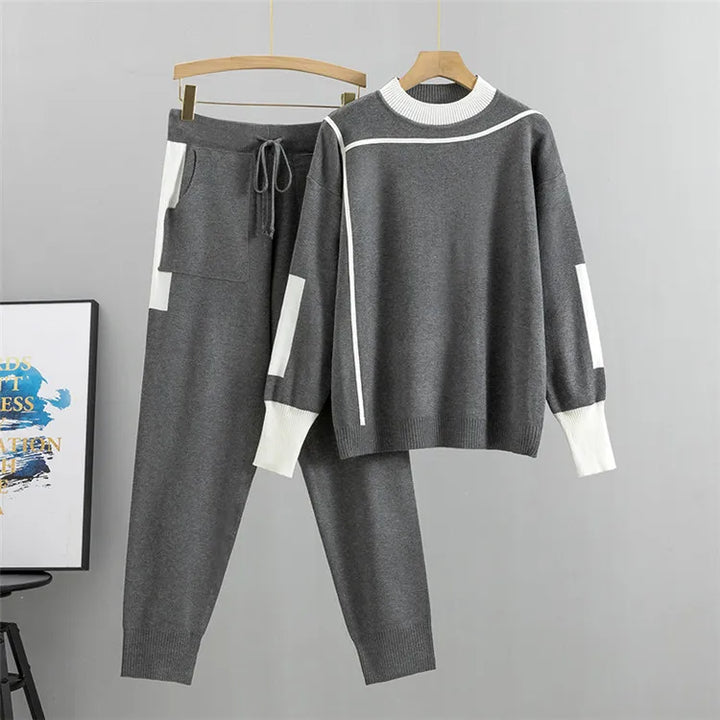 Drune | Lässiges Herbst Strick Patchwork Oberteil und Hose Set für Frauen