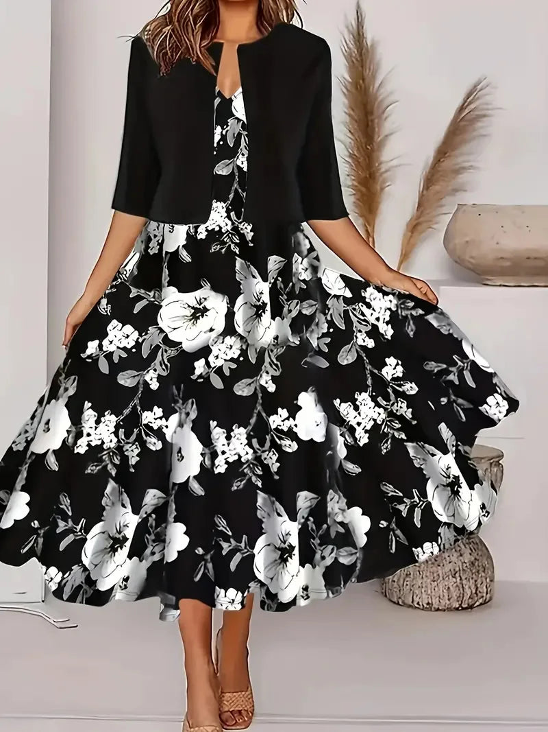 Drune | Neu für Den Sommer! Eu Us Herbst Frau 2 Lang Kleid Set Blumen und Graspunkt Crew Neck Kleid mit Chiffon Kurzjacke