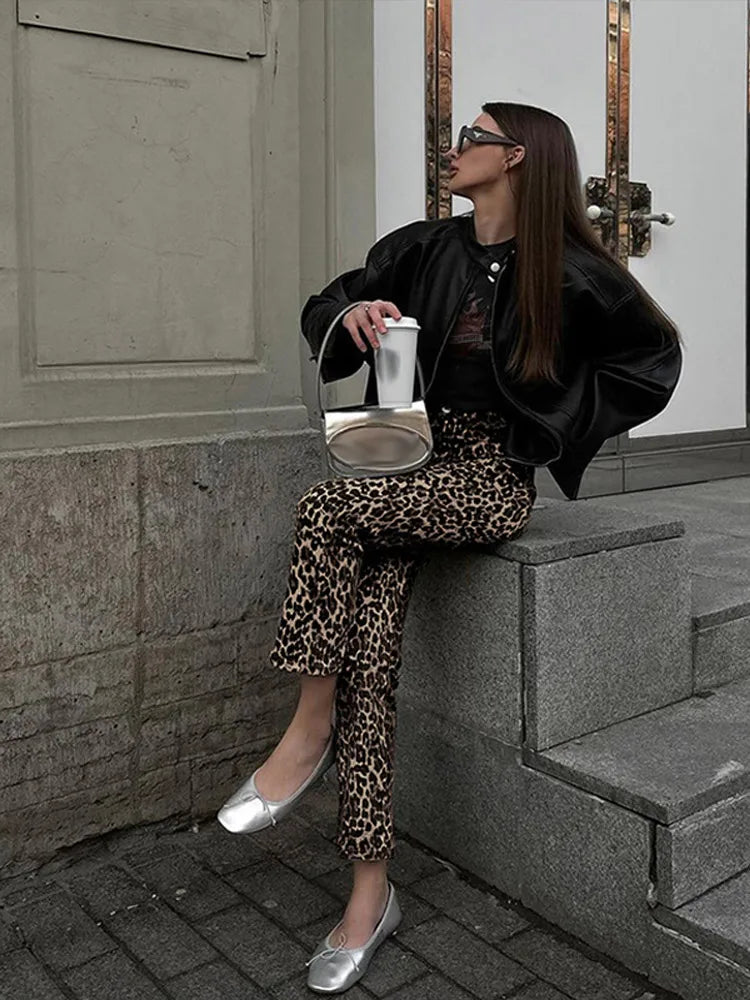 Drune Leopard-Print-Jeans | Stylische schmale Streetwear Damenhose im Pencil-Stil