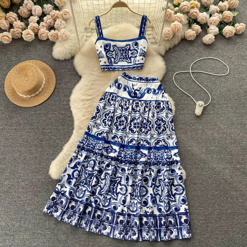 Drune Flower Zweiteiler | Stilvolles Top und Maxirock bedrucktes Sommer-Damen-Set
