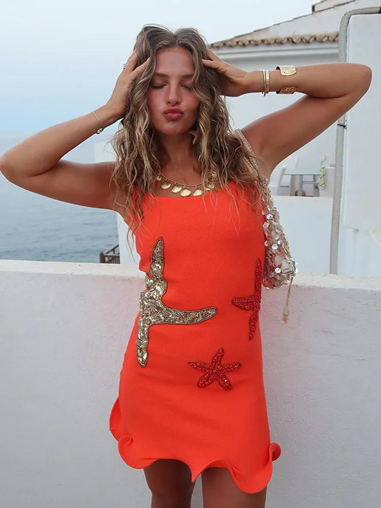 Drune | Chic Shinny Seestern Print Rüschensaum Mini Kleid Fashion Bodycon Ärmellos Rückenfrei Kurz Vestidos Sommer Weibliche Strandkleider