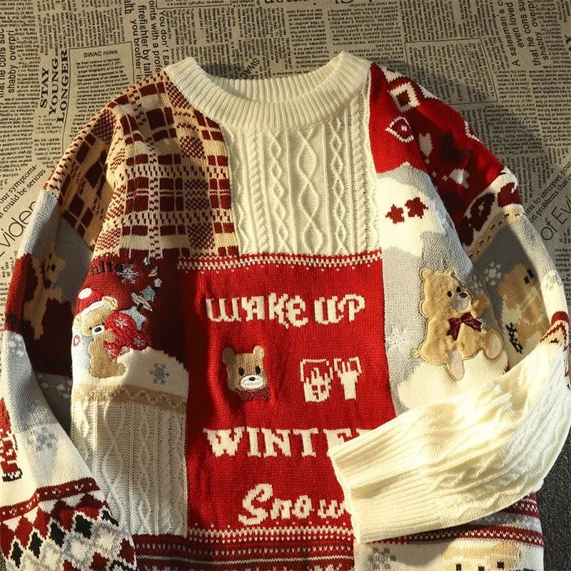 Drune -Hässlicher Weihnachtspulli - Lockerer Retro-Pullover mit V-Ausschnitt und Farbblock-Design