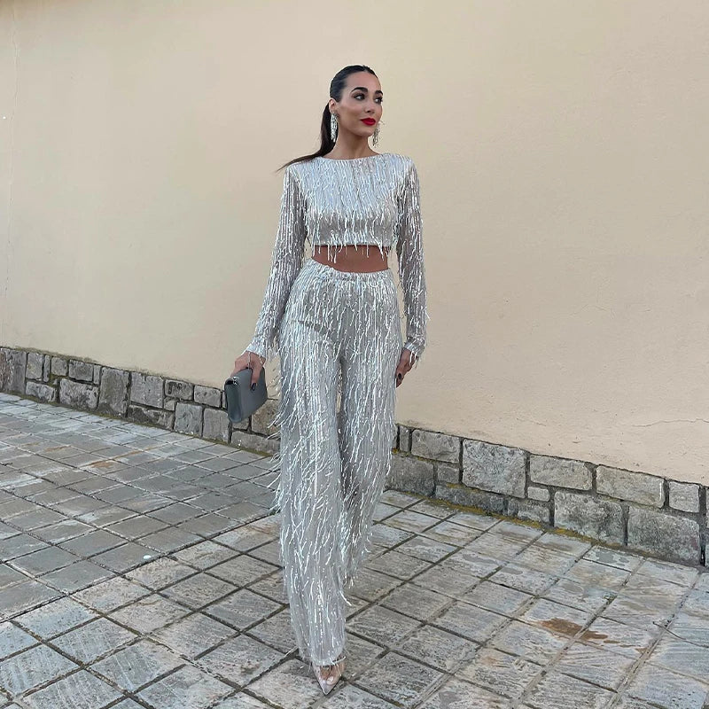Drune | Quaste Pailletten Frauen 2 Teilig Set Herbst Silber Licht Seide O-Ausschnitt Crop Tops Breite Bein Hosen Damen Anzug Mode Straße Damen Set