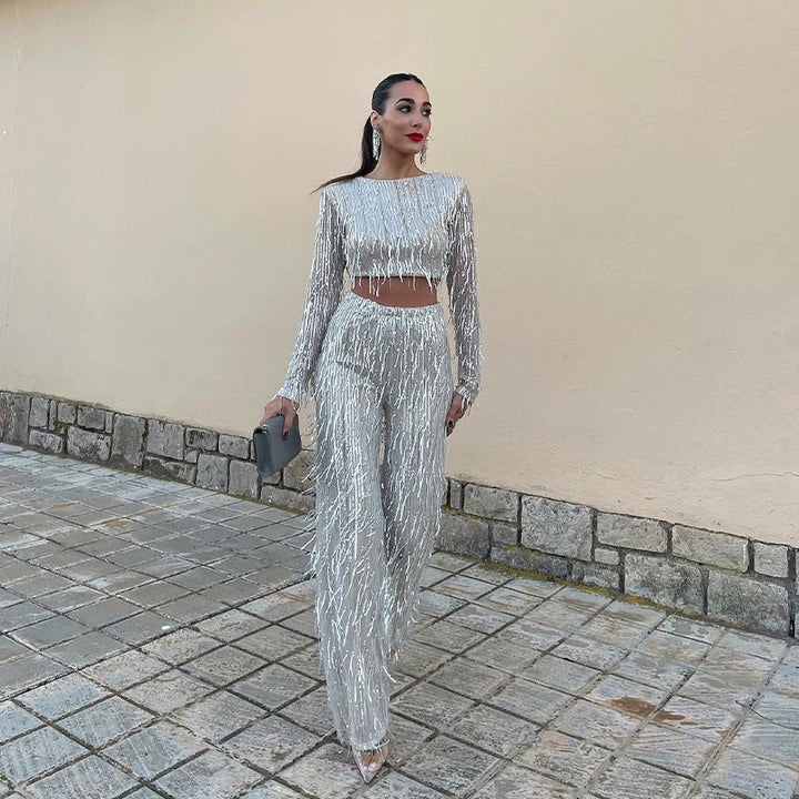 Drune | Quaste Pailletten Frauen 2 Teilig Set Herbst Silber Licht Seide O-Ausschnitt Crop Tops Breite Bein Hosen Damen Anzug Mode Straße Damen Set