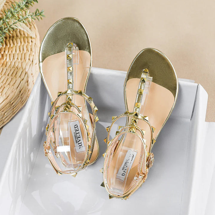 Drune | Neue Sommer Outdoor Damen Flache Sandalen Britischer Stil Damen Lässig Römische Flache Stilvolle Niet Design Arbeit und Fest