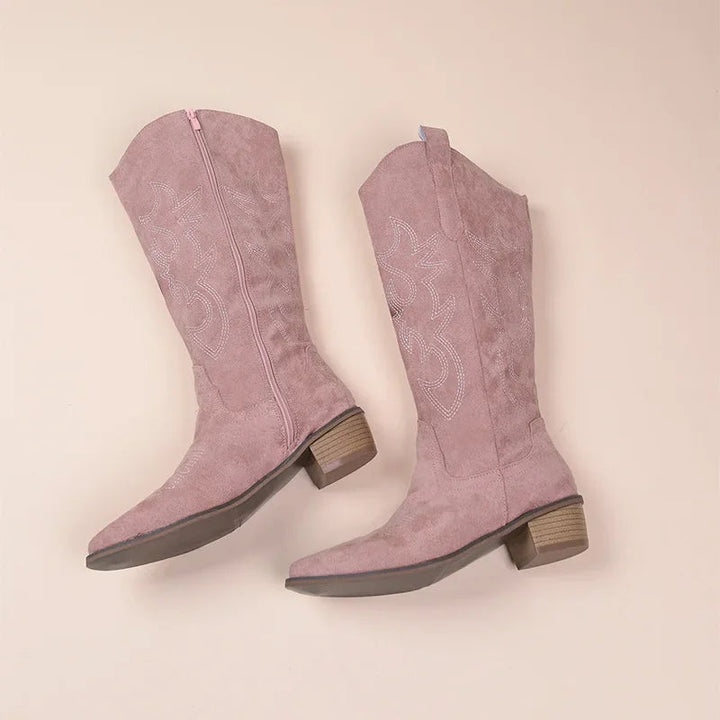 Drune | Cowboy Stiefel - Wildledertextur - Bestickter Schaft - Mid Calf - Niedriger Absatz