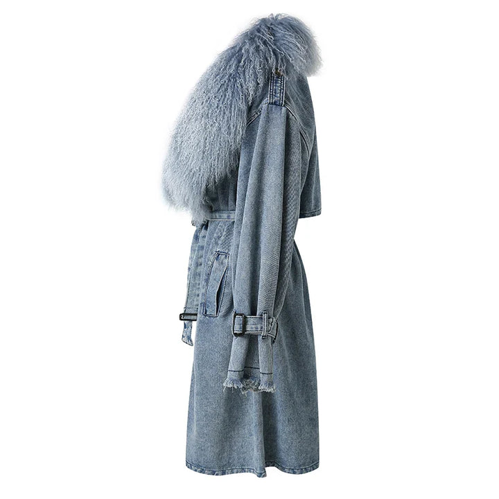 Drune | Lange Denimjacke mit Kunstfell Baumwollmix Modern und Elegant