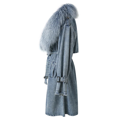 Drune | Lange Denimjacke mit Kunstfell Baumwollmix Modern und Elegant
