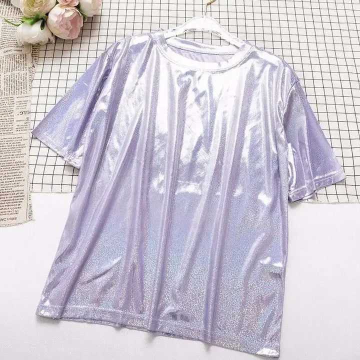 Drune | S 5Xl Damen Funkelnd Shiny Metallisch Holografisch Rundhals Kurzarm Lässig Lose Top Festival Party T-Shirt Damenbekleidung