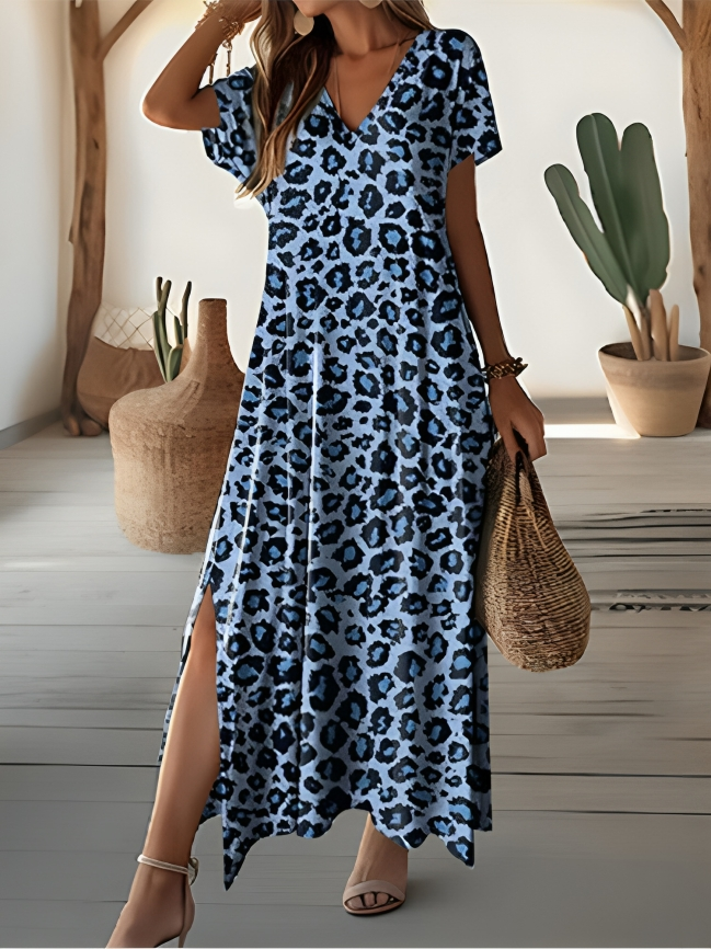 Drune | Stylisches Leopardenmuster Kurzarm V-Ausschnitt Maxikleid