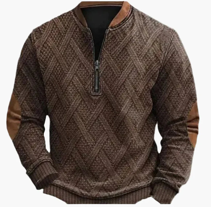 Drune | Halbzipper Pullover - Modischer Strick-Look für Herbst und Winter, Warmes Sweatshirt mit Stehkragen und Ellbogen-Patches, Freizeit & Alltag