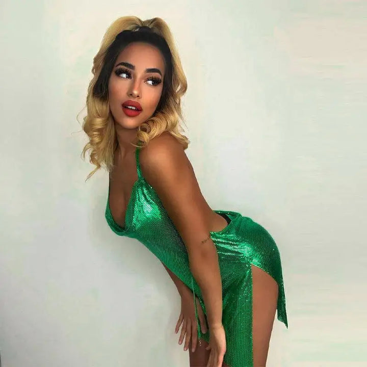 Drune | Rückenausschnitt Metallic Mesh Mini Kleid mit luxuriösem Split