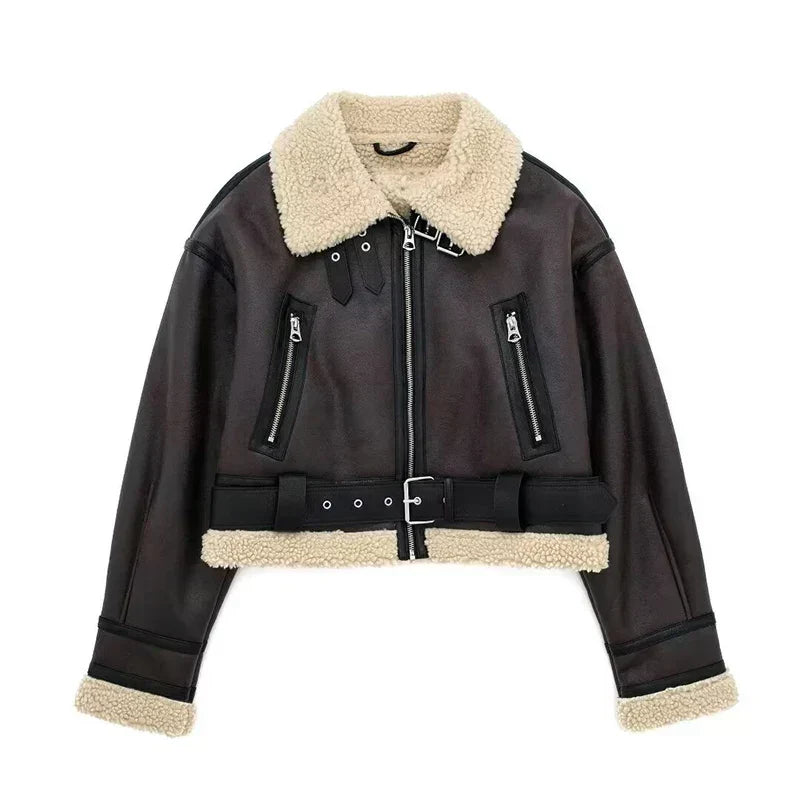 Drune | Lammfelljacke - Kurzes Modell - Oversized Fit - Warme Wollfutter - Reißverschluss schließen