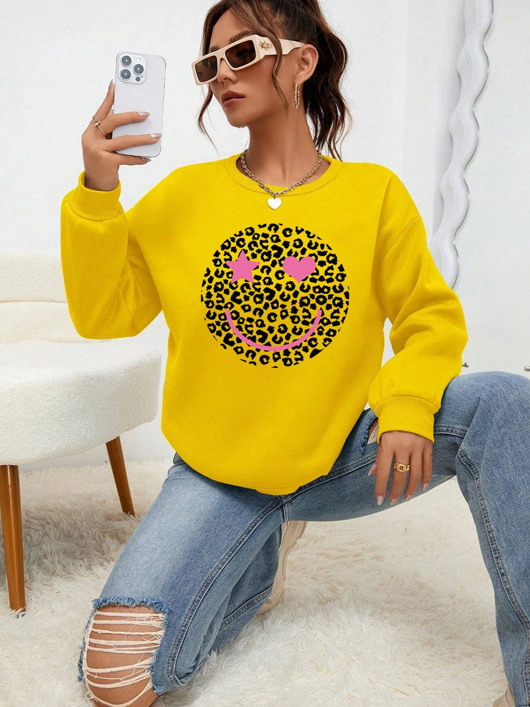 Drune | Lässiges Sweatshirt mit Leopardenmotiv Baumwollmischung Trendy und Komfortabel