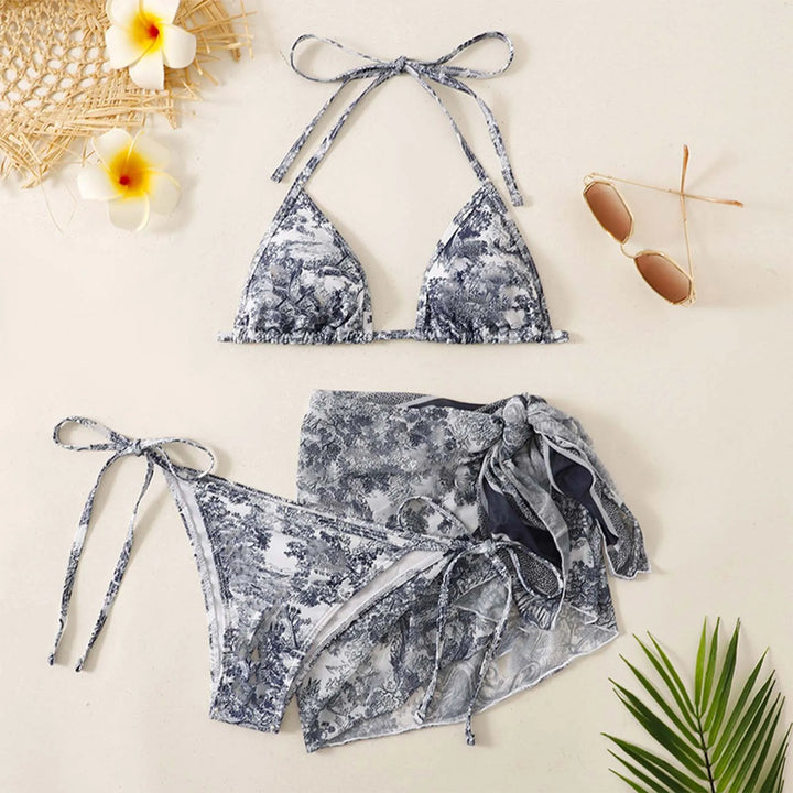 Drune | Damen Dreiteilig Badekleidung Sommer Push-Up Hohe Taille Bikini Set mit Bedeckung Rock Tie Dyed Schwimmen Badeanzug Strandbekleidung