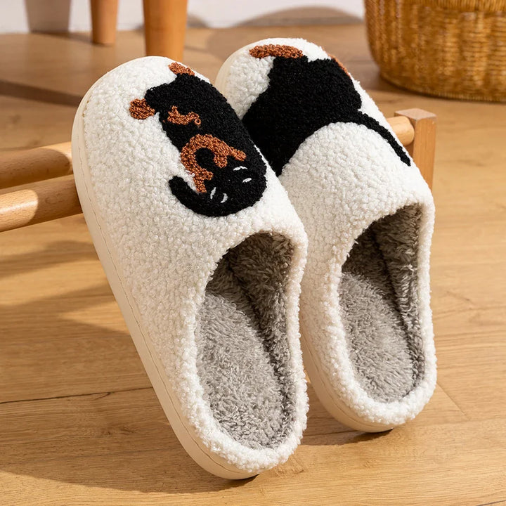 Drune | Damen Slipper Kleine Schwarze Hund Weiche Plüsch Hausschuhe