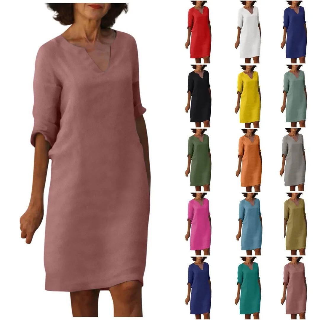 Drune | Damen Baumwoll Leinen V-Ausschnitt Kleid Mit Halben Ärmeln